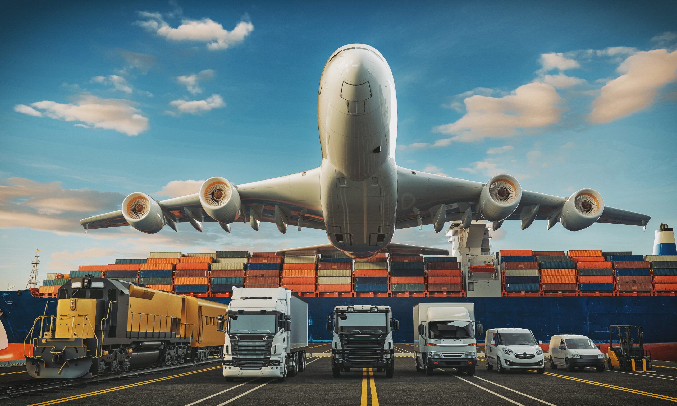 Transport trucks of various sizes ready to ship With a transport plane, the background is a container, a logistics concept.3d render and illustration.